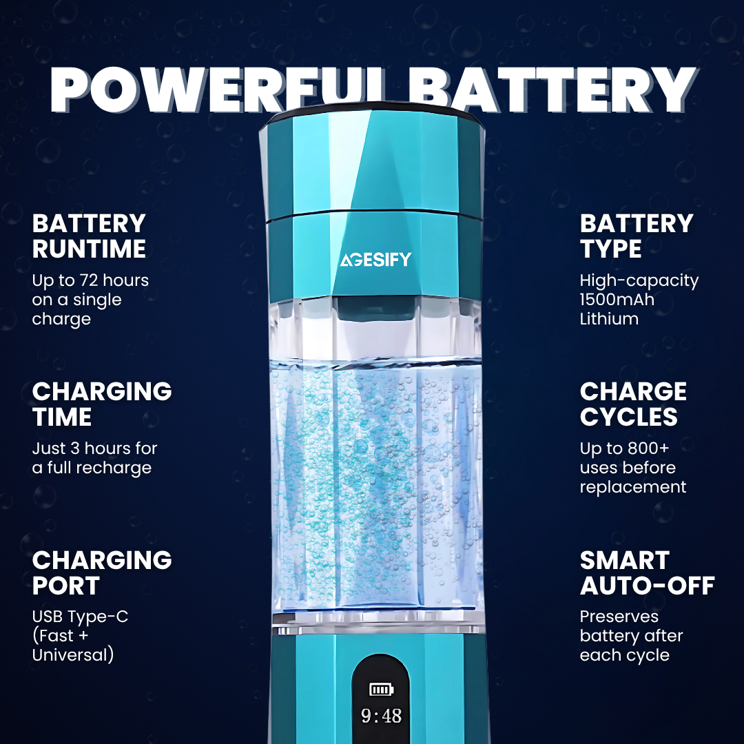 Rechargeable hydrogen water bottle with long-lasting battery and smart auto shut-off