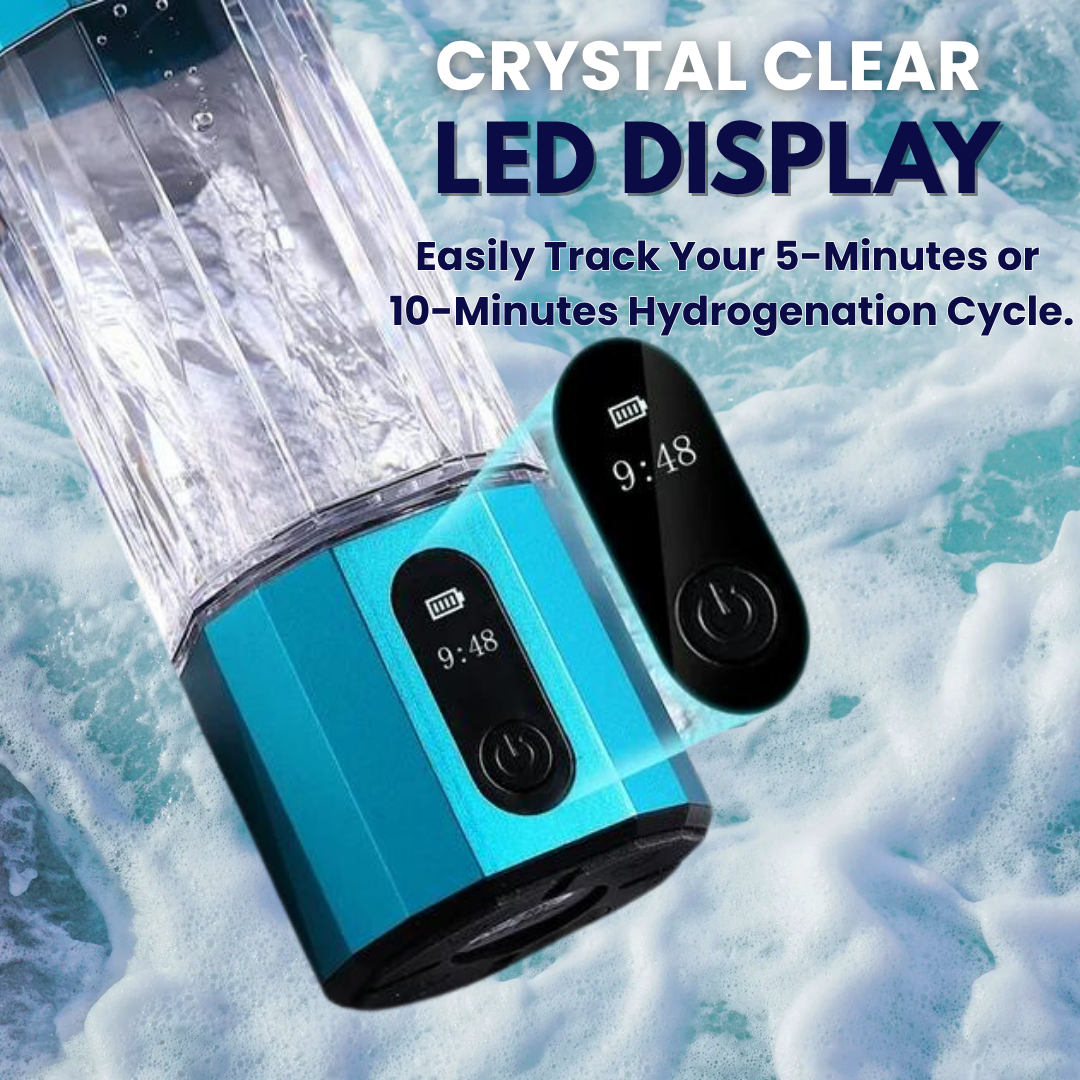 Quantum hydrogen water bottle with LED display showing 5 or 10 minute hydrogenation cycle