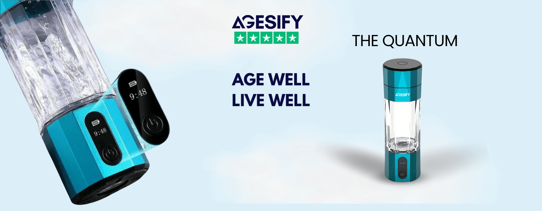 Age Well, Live Well, Image Banner Agesify Quantum Hydrogen Water Bottle.